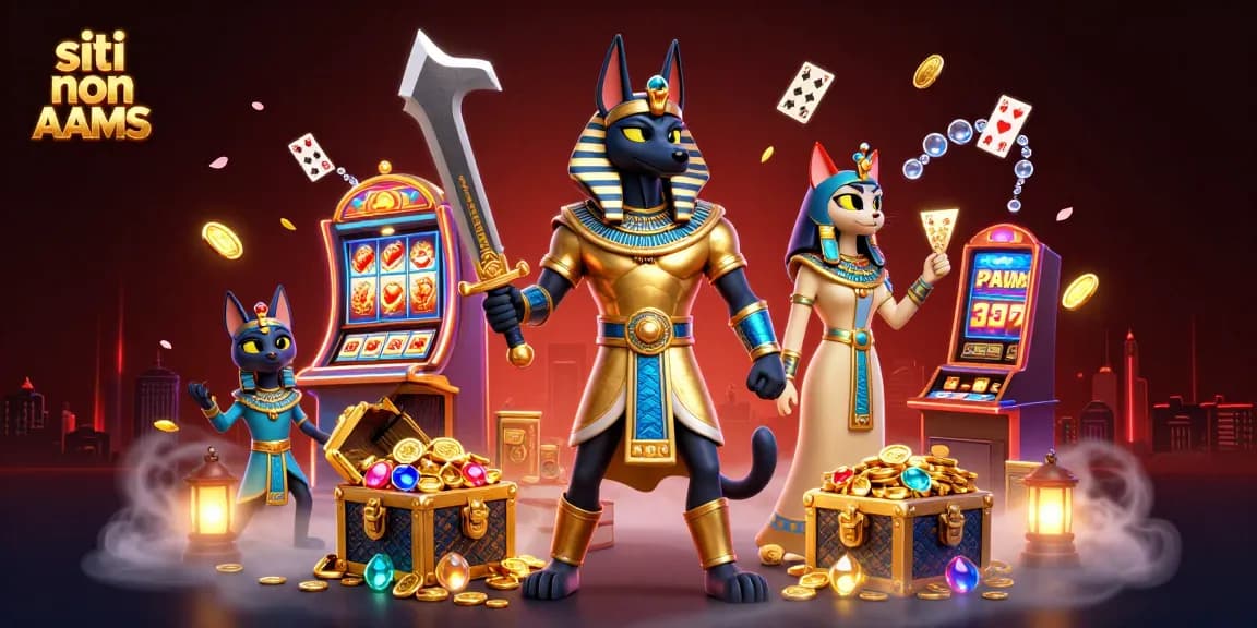 Gioca ai siti non AAMS con jackpot slot e tesori, in un'illustrazione ricca di azione.