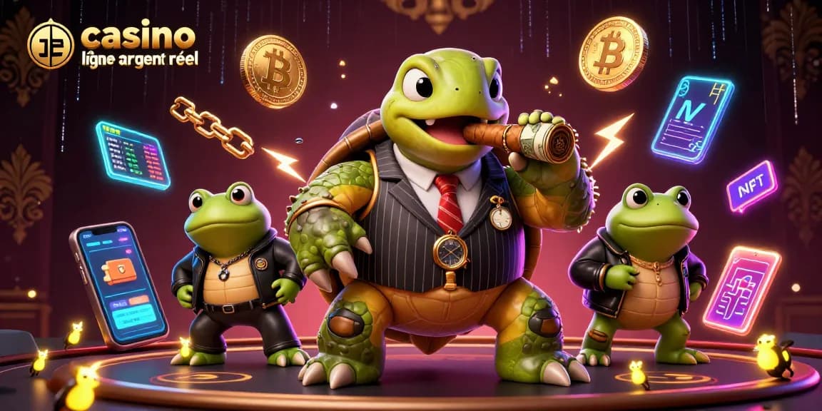 Découvrez un mobster tortue avec des grenouilles en arrière-plan dans un casino en ligne argent réel.