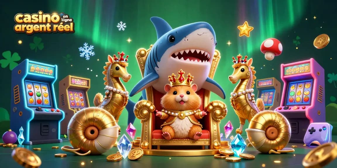 Découvrez une illustration animée colorée mettant en scène casino en ligne argent réel avec un roi hamster et des éléments de jeu.