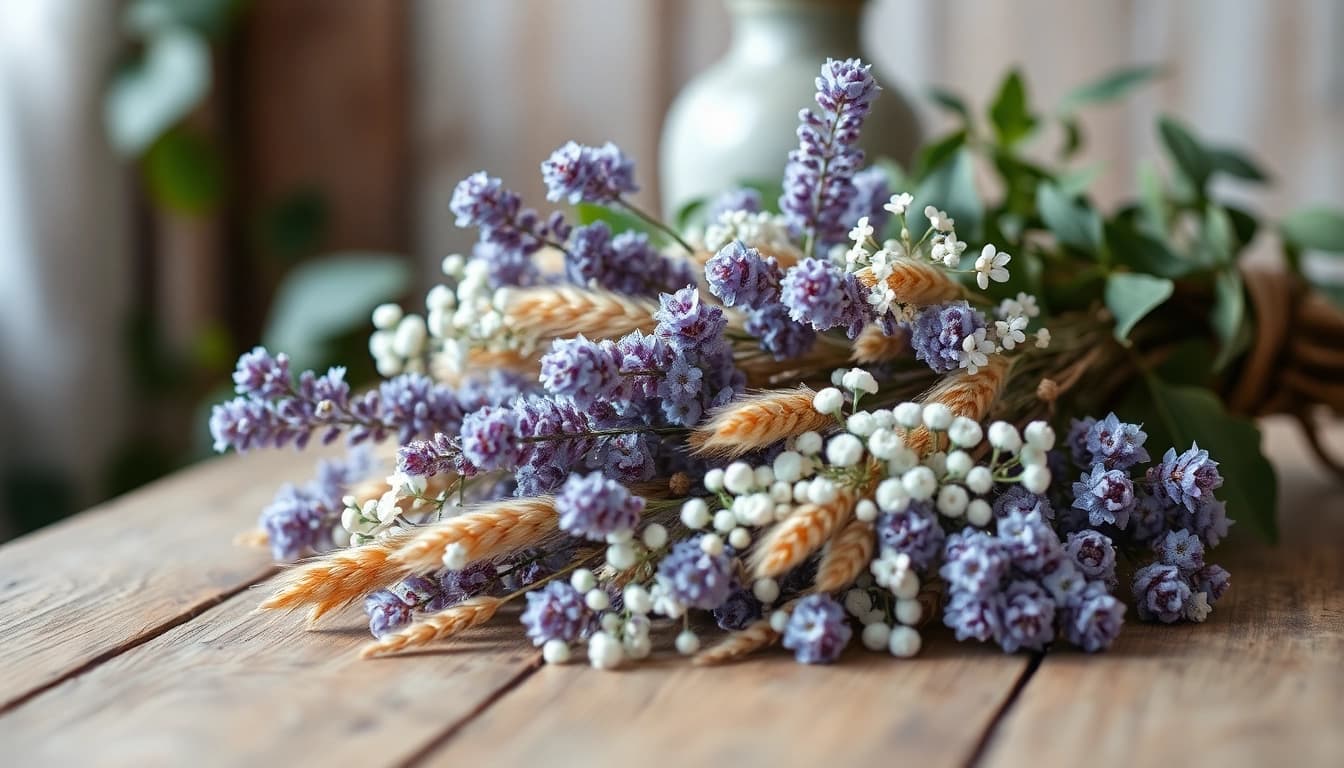 Arrange dried blooms artfully in a rustic setting to highlight natural charm.