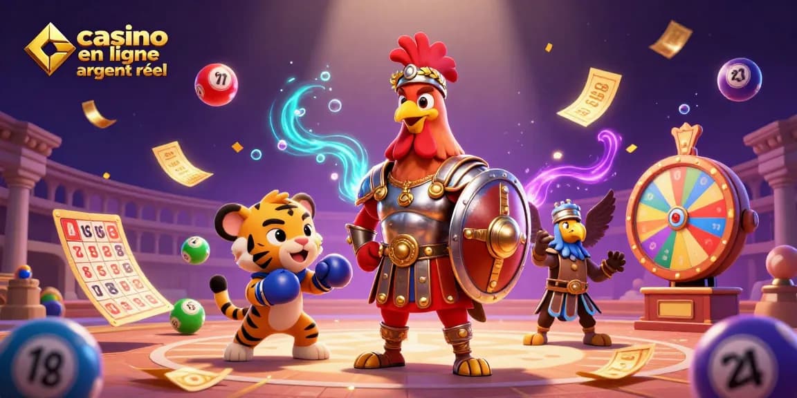 Profitez de l'excitation du casino en ligne argent réel avec un gladiateur et un tigre en plein combat.