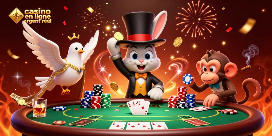 Une illustration dynamique représentant un magicien cartoon et des personnages de casino en ligne argent réel.