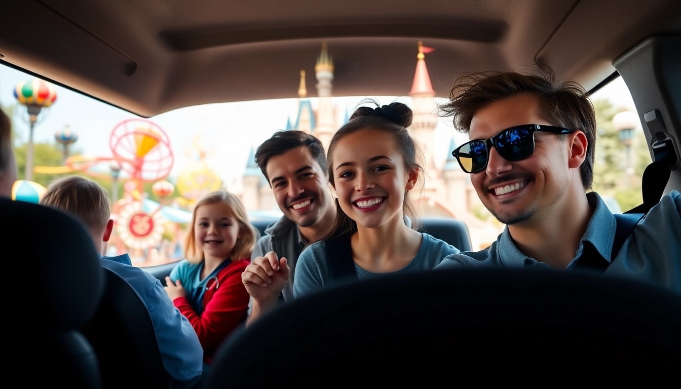 Experience Disneyland Paris airport transfer services with a family arriving in an enchanting shuttle.