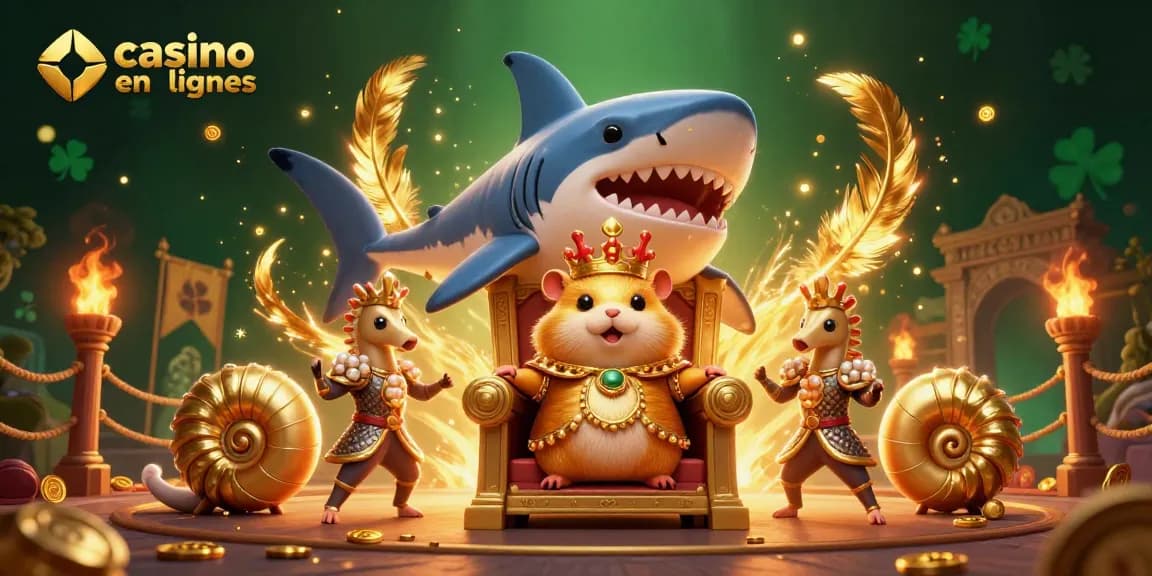 Rejoignez l'aventure du casino en ligne France avec ce roi hamster doré sur son trône de dent de mégalodon.