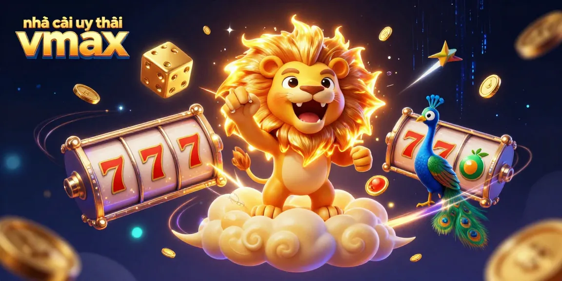 Experience the excitement of nhà cái uy tín Vmax with dynamic 3D casino elements featuring vibrant slot reels and golden symbols.