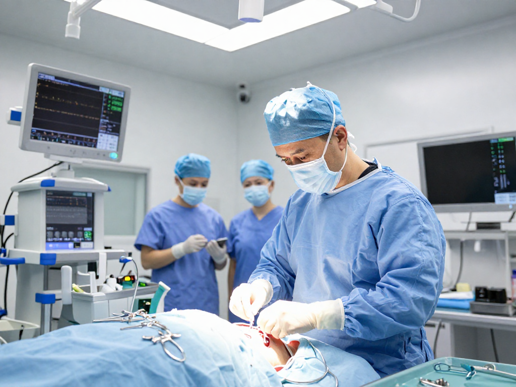 Bel kayması ameliyatı in a modern surgical setting, showcasing a focused surgeon preparing for spinal surgery.