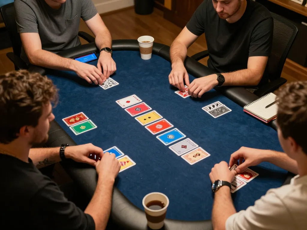 SHBET88 players strategizing during an online poker game on their devices in a cozy home