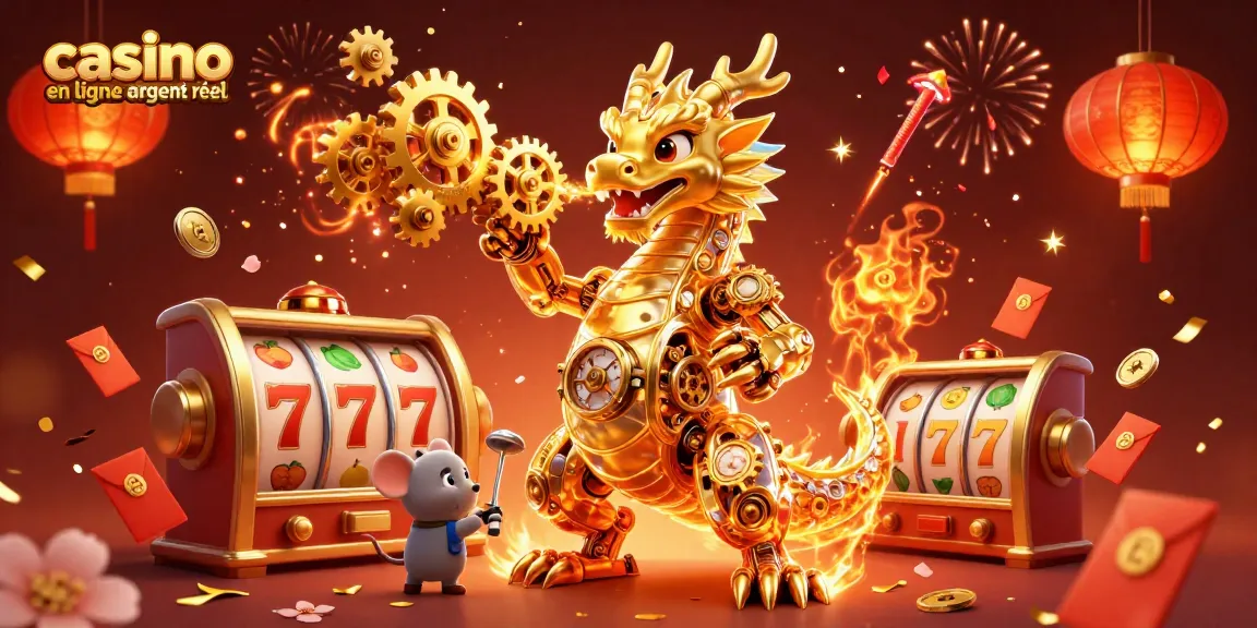 Jouez au casino en ligne argent réel avec un dragon mécanique doré entouré d'une ambiance festive.