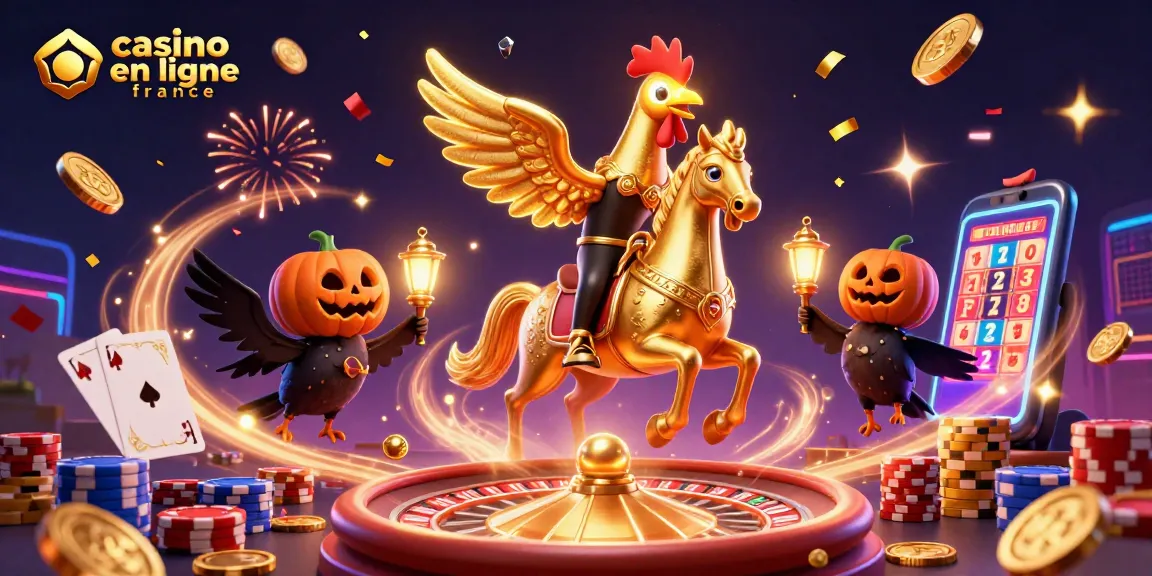 Jouez au casino en ligne France avec des personnages de casino dynamiques entourés de pièces et de jeux.