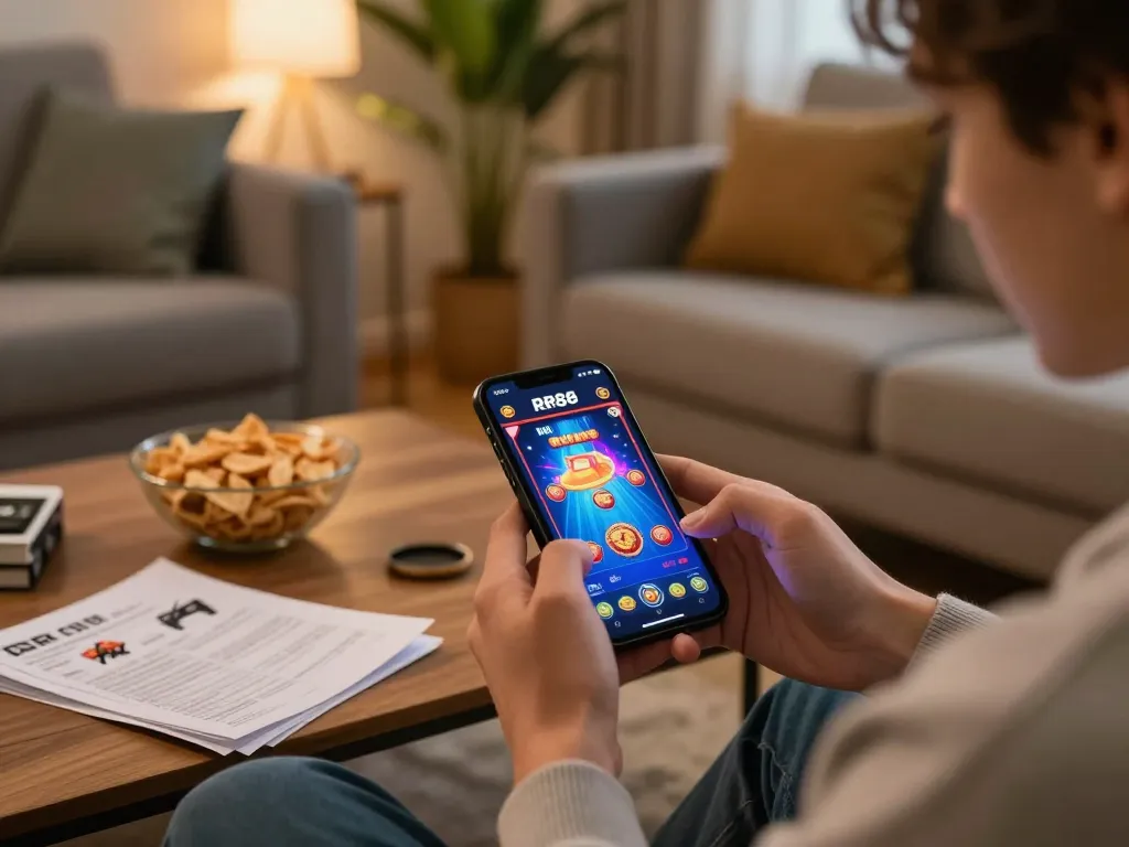 Engaging with the RR88 App on a smartphone for strategic gambling in a cozy home