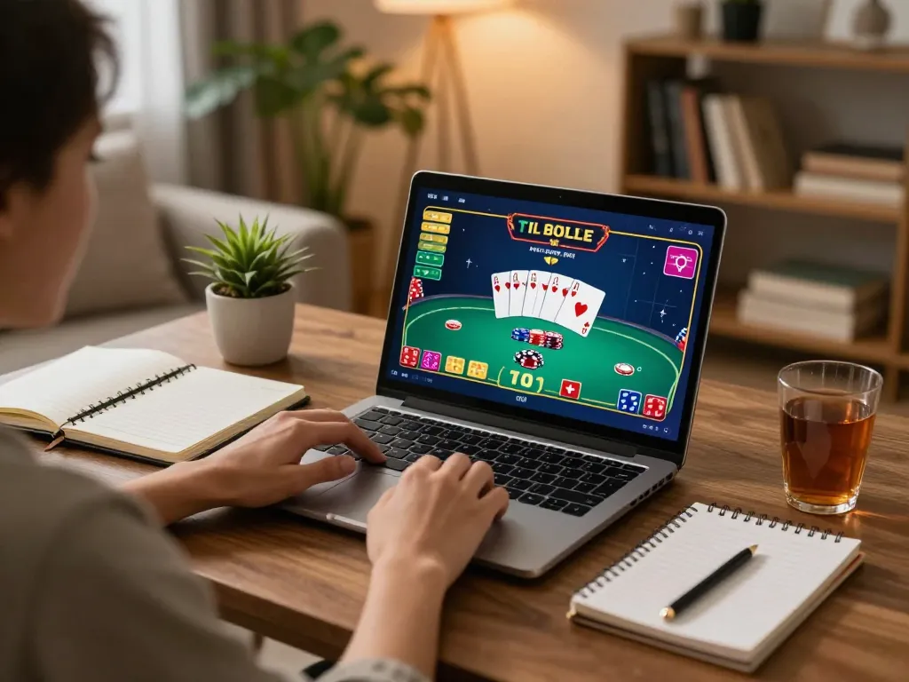 Player enjoying tg88 online poker from a cozy home setup with strategy notes around.