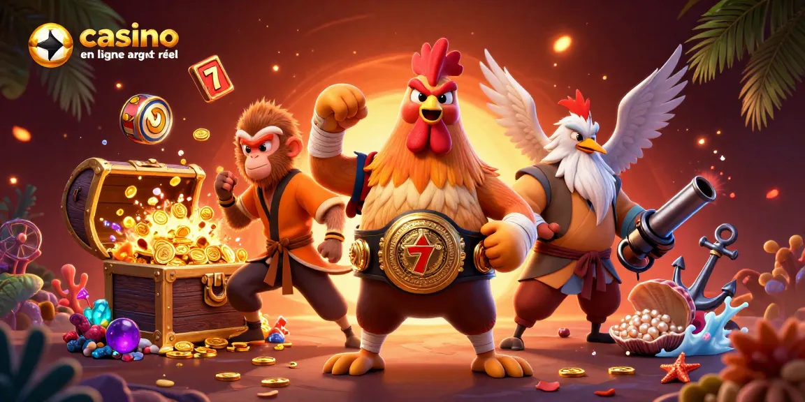 Jouez au casino en ligne argent réel avec des personnages de combat dans une scène dynamique.