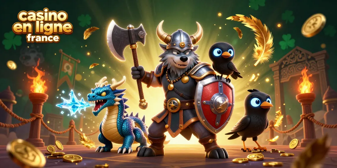 Jouer sur casino en ligne France avec un guerrier viking et un dragon dans une illustration dynamique.