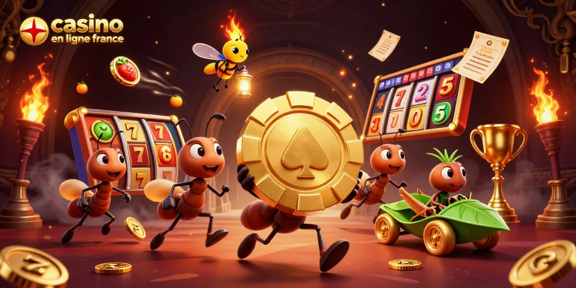 Vivez l'excitation du casino en ligne France avec une aventure animée de fourmis transportant un jeton de poker doré.