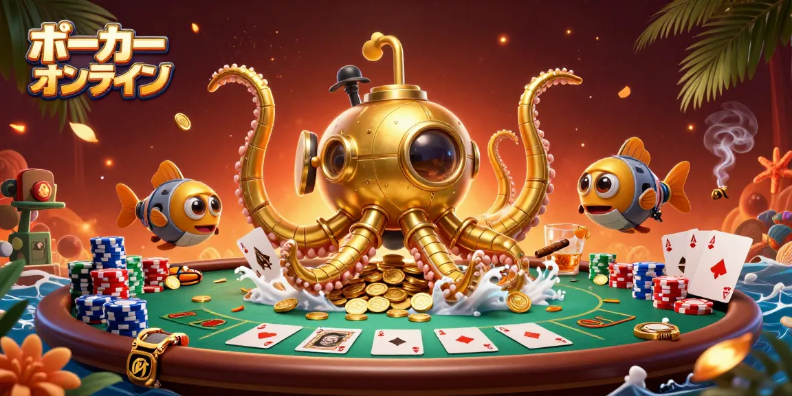ポーカーオンラインの魅力を感じる、海の金貨に囲まれたセリフを持つポーカーディスプレイ。