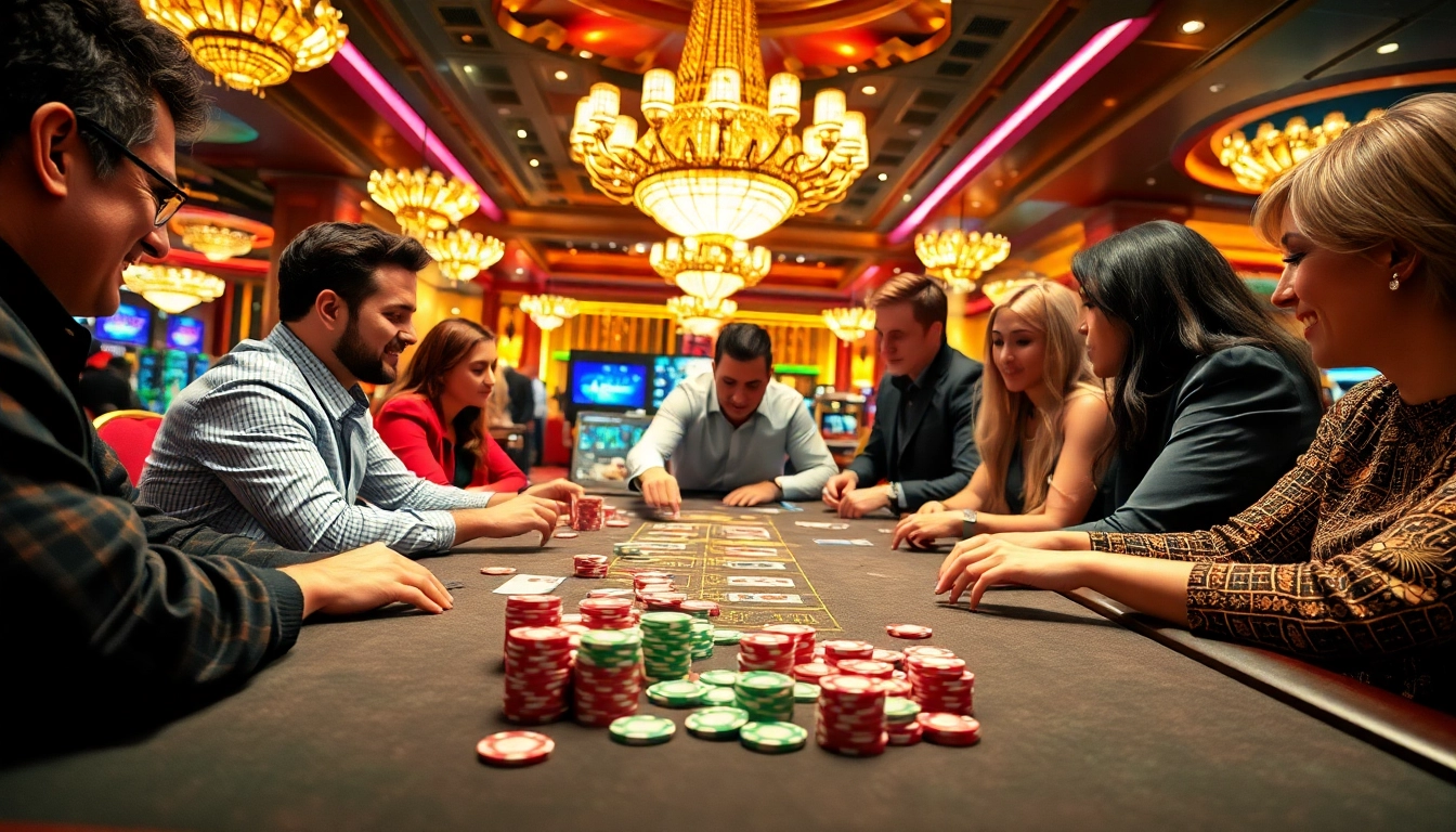 Engaged players at a vibrant gaming table in the 8win casino atmosphere.