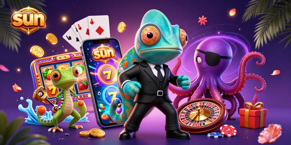 Experience the sun of thrilling casino action with a vibrant 3D illustration showcasing slot games and colorful characters.
