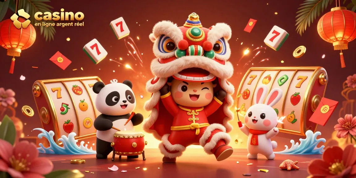 Gagnez avec le casino en ligne argent réel grâce à une illustration 3D dynamique de la danse du lion.