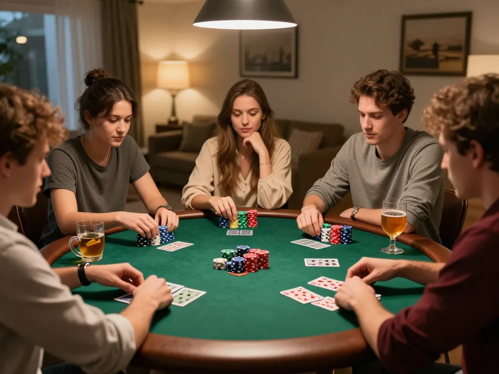 Engaging moment of slot bet kecil in a home poker game with friends, showcasing chips and cards.