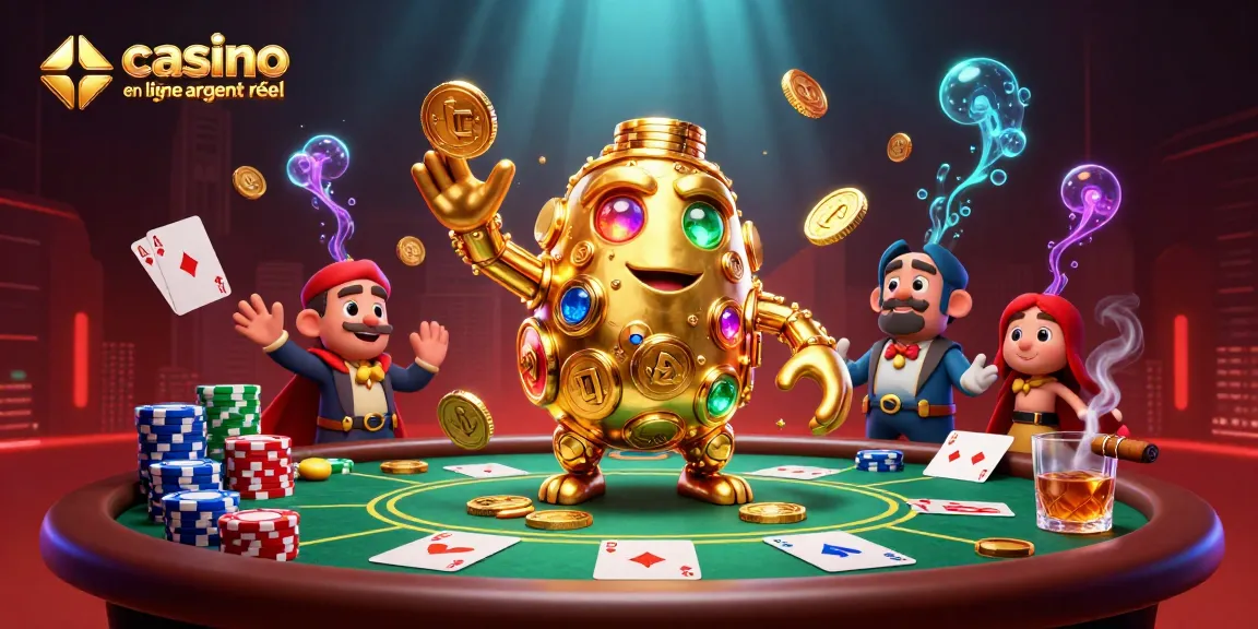 Gagnez au casino en ligne argent réel avec un golem en or et des éléments de poker.