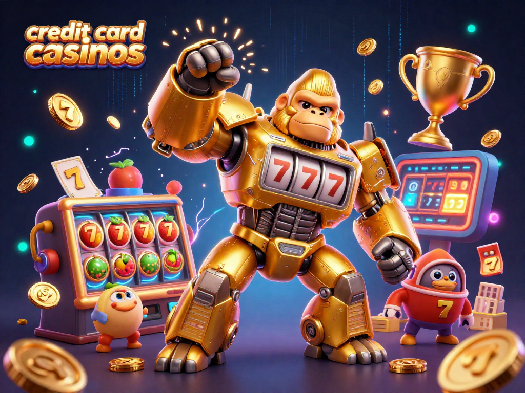 Engage in thrilling action at credit card casinos with a dynamic scene featuring a golden gorilla mech.