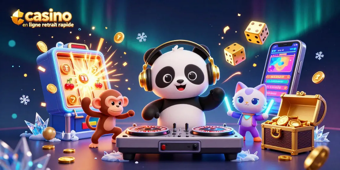 Jouez au casino en ligne retrait rapide avec un panda DJ, un singe danseur et un chat festif.