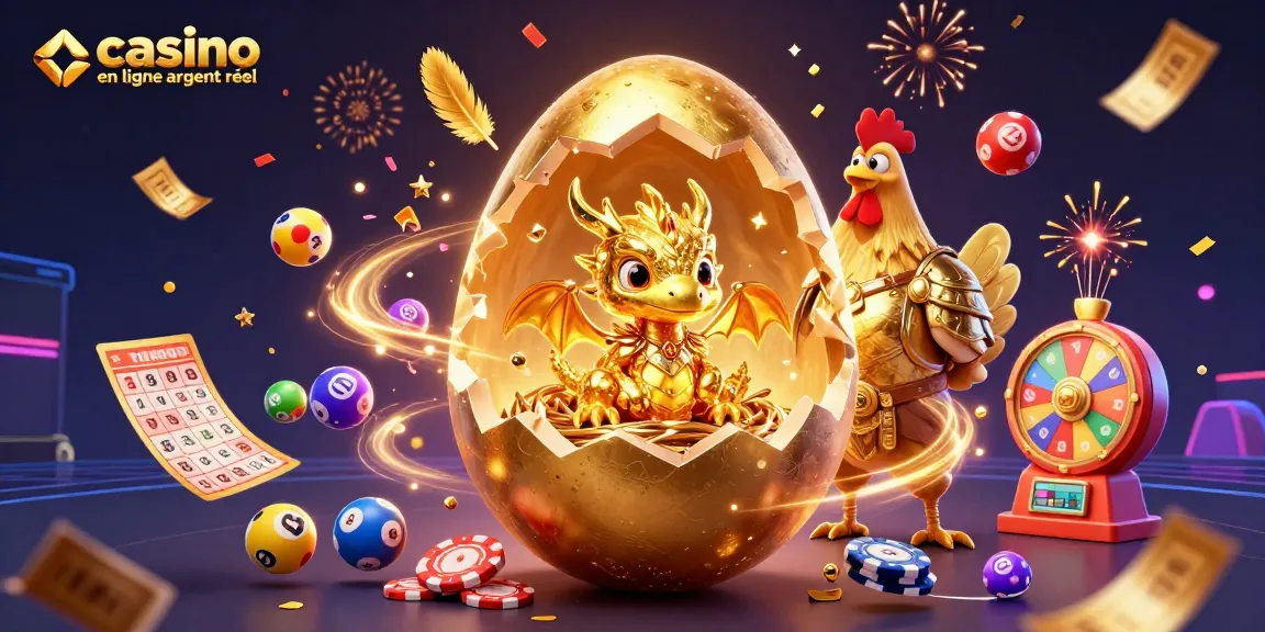 Illustration festive de casino en ligne argent réel avec un œuf doré, un dragon et des jeux de loterie.
