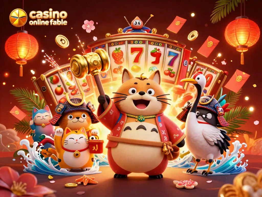 Juega en un casino online fiable con tragamonedas y símbolos de la suerte en un entorno vibrante y atractivo.