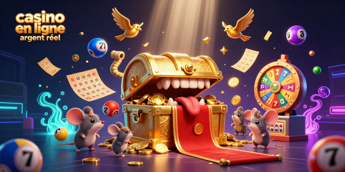 Gagnez au casino en ligne argent réel avec une scène dynamique de jeux de loterie et symboles de machines à sous.