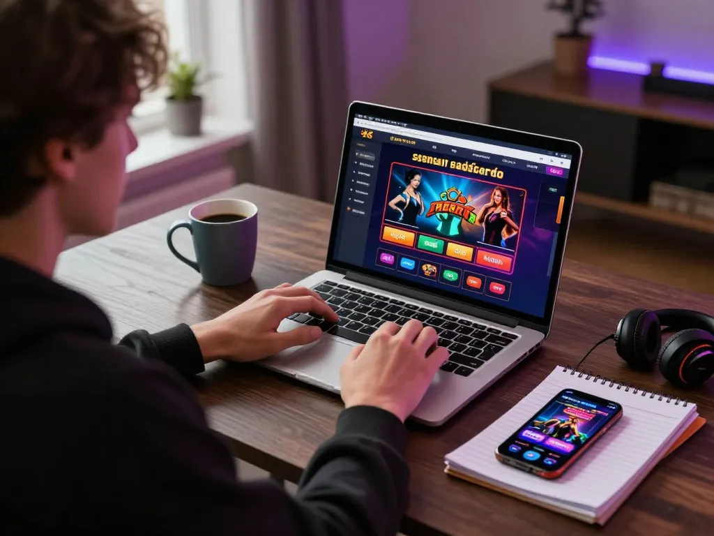 Engaging in casino senza registrazione gaming from home desk with laptop and smartphone action