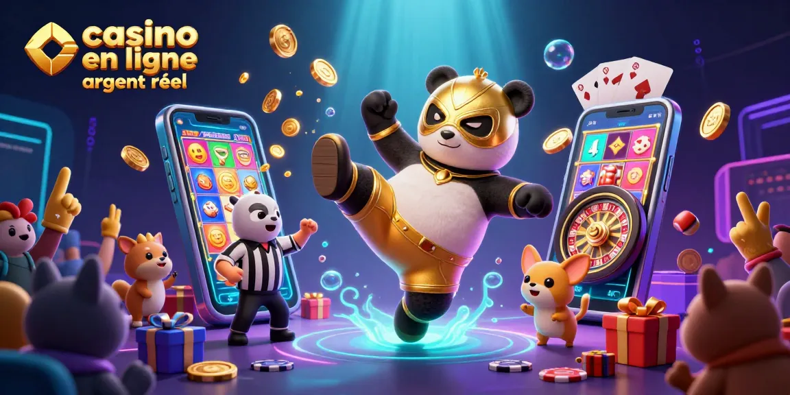 Aperçu dynamique d'un panda lutteur en maskara d'or réalisant un coup de pied, afin de promouvoir le casino en ligne argent réel.