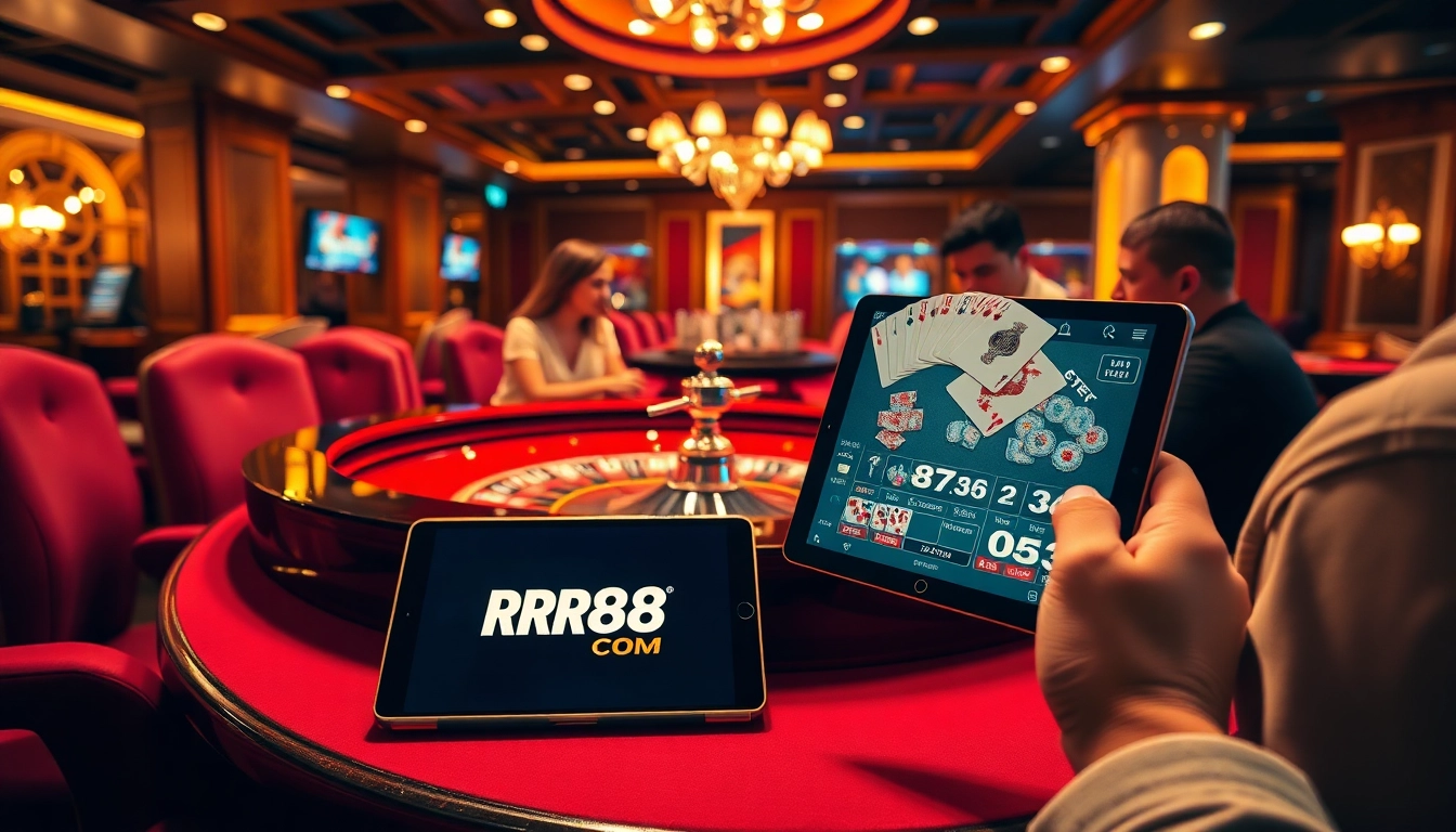Players enjoying exciting gaming at RR88 COM, featuring roulette, betting slips, and poker chips.