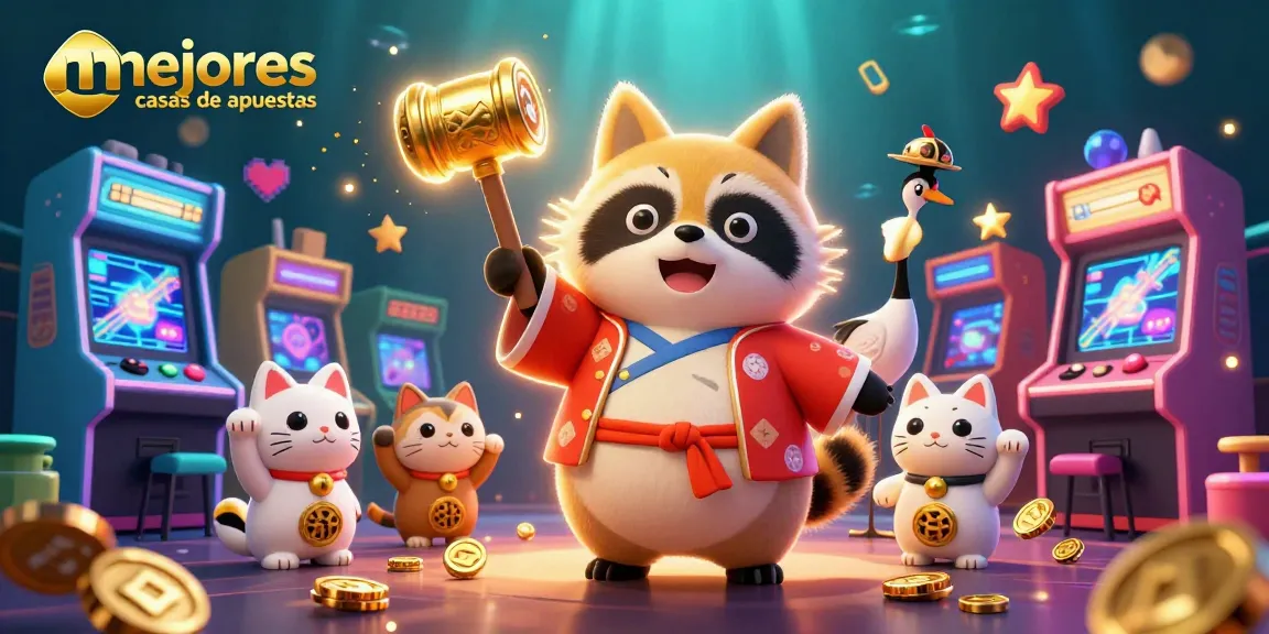 Juega en las mejores casas de apuestas con un tanuki y gatos de la suerte rodeados de múltiples elementos de juego.