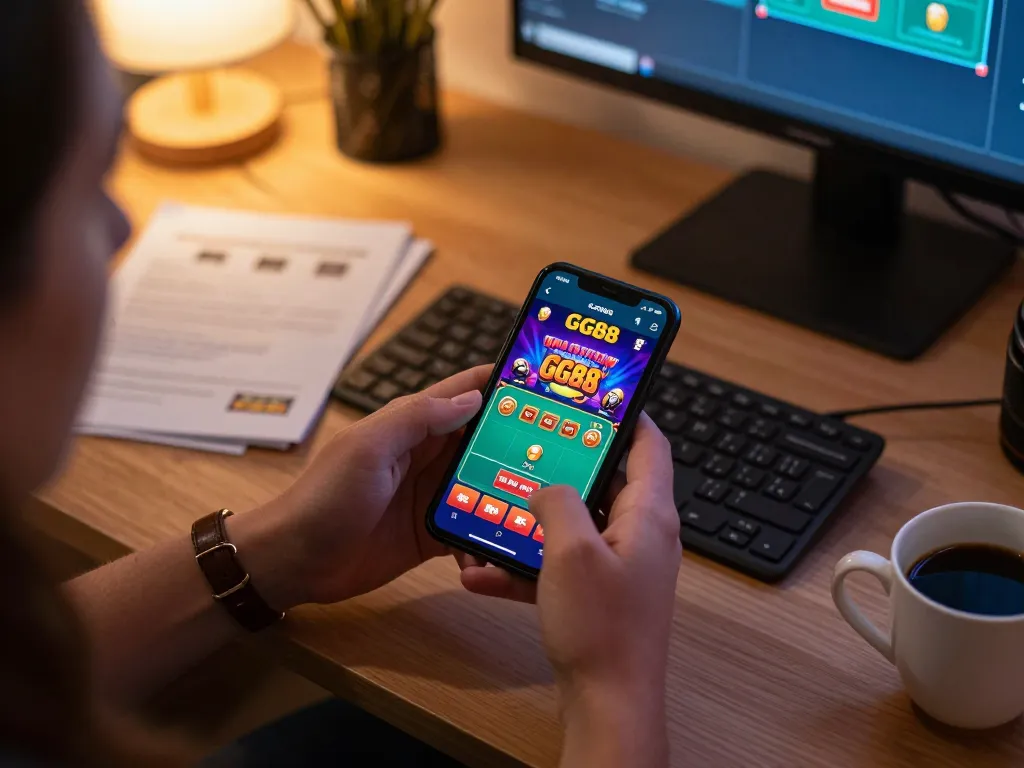 Engaging with the GG88 casino app for online gaming in a cozy home office.
