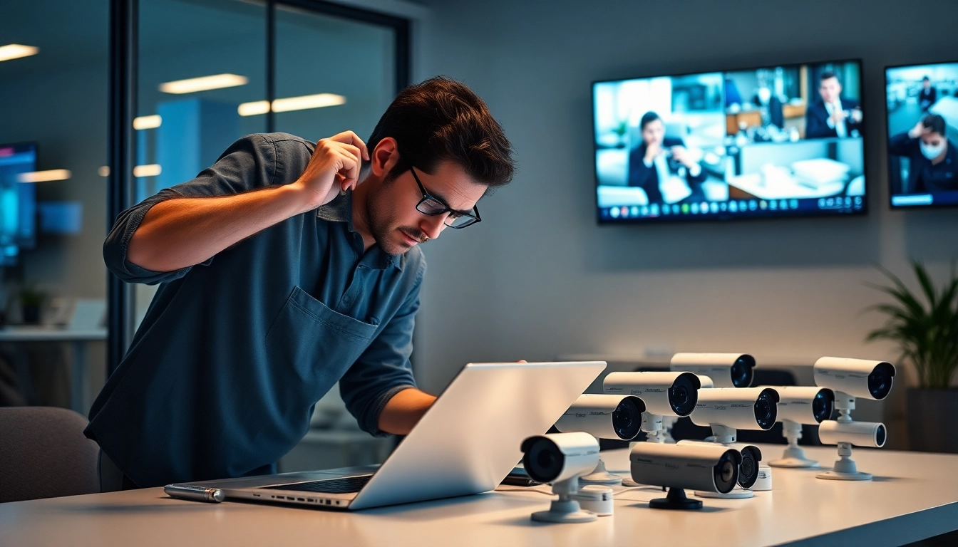 Instalación de Cámaras Dahua por un técnico profesional en una oficina moderna, destacando tecnología de seguridad avanzada.