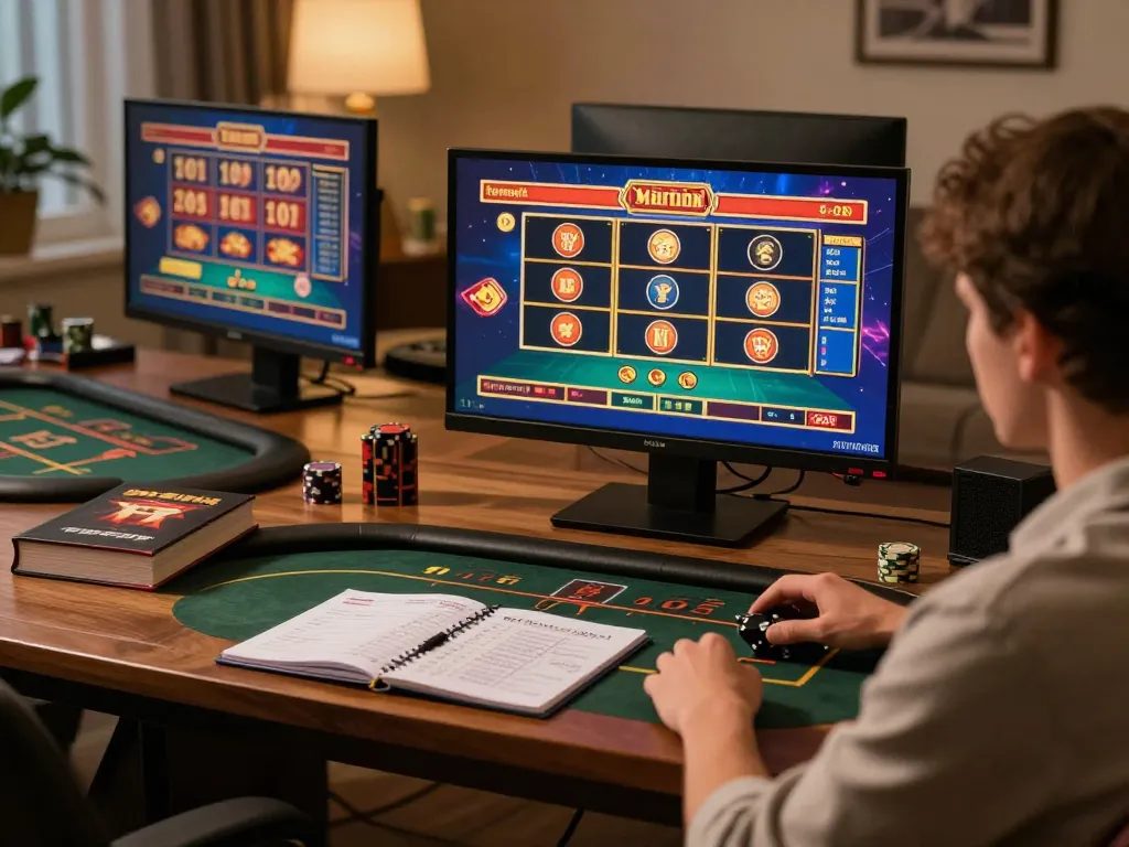 rokok88 gaming strategies unfold in an elegant online setup featuring multiple screens and a focused player