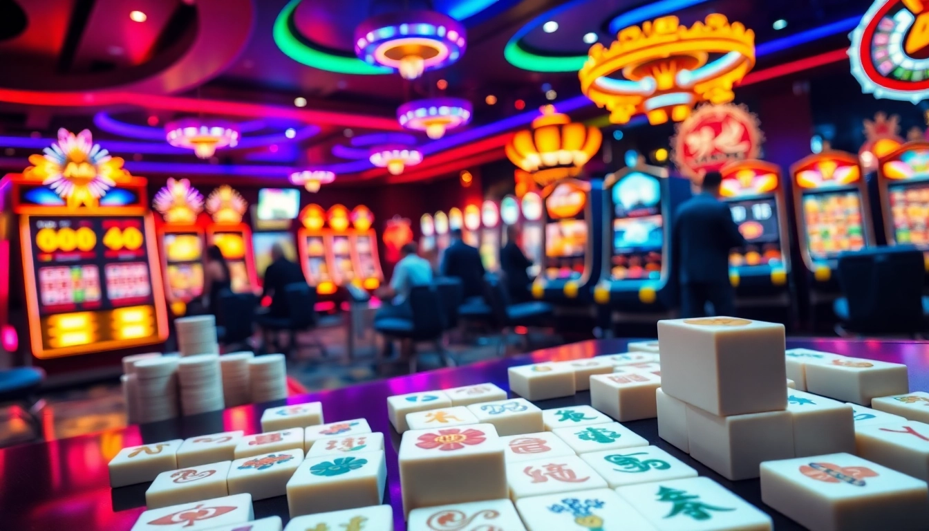 Engage with link mahjong at a vibrant casino, showcasing players enjoying traditional tile matching amidst lively gameplay and colorful slot machines.