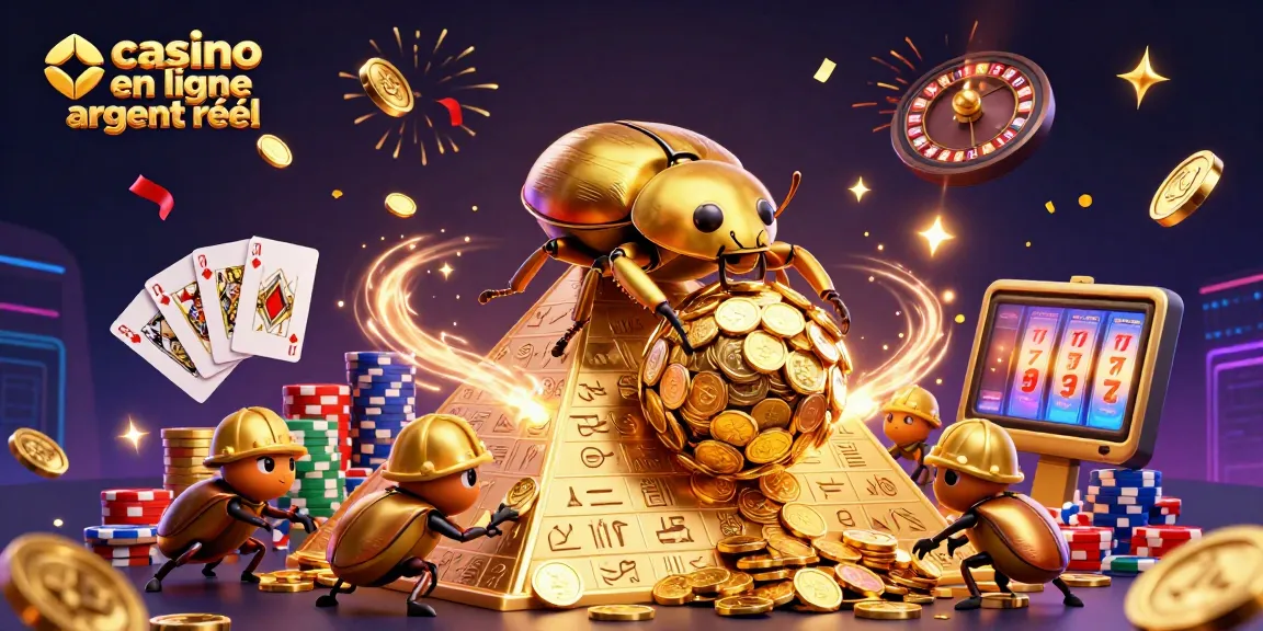 Visualisez le monde du casino en ligne argent réel avec un scarabée doré géant et des pièces d'or en action.