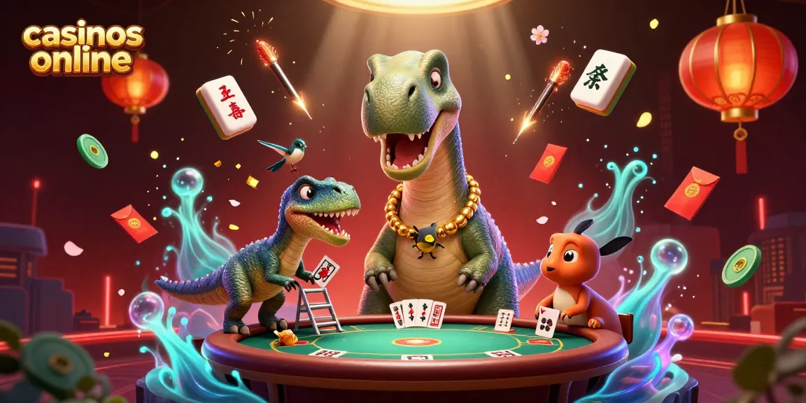 Disfruta de la diversión en casinos online con un brontosaurio y un rapto de cartas en un entorno vibrante.