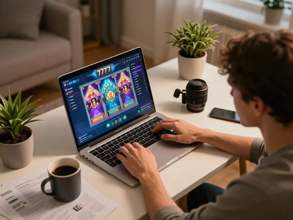 Player engaging with slot777 game on laptop at cozy home desk with exciting atmosphere.