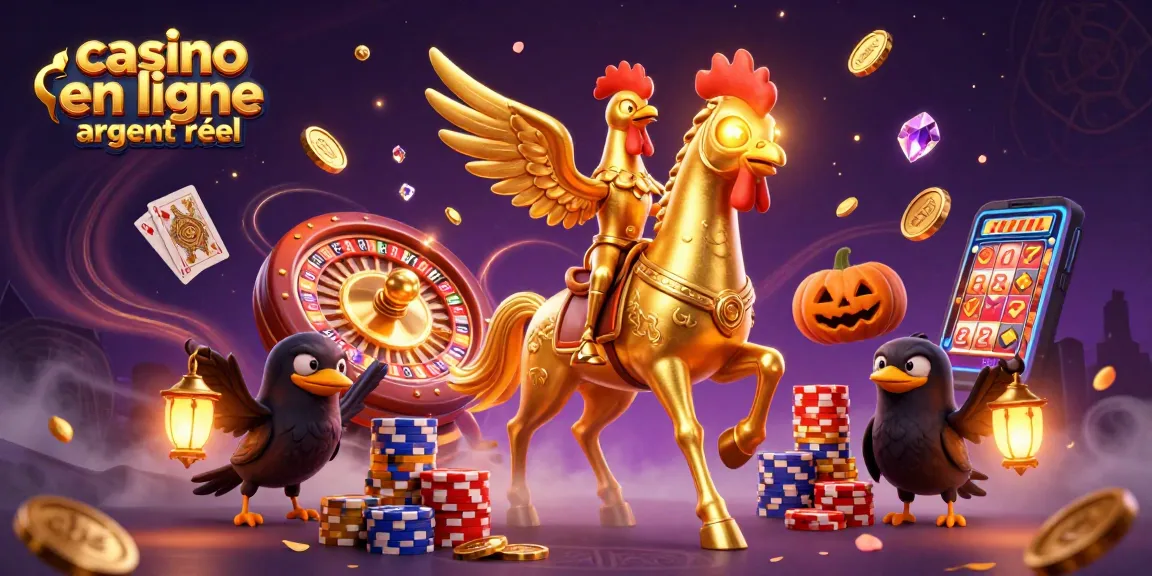 Gagnez à casino en ligne argent réel avec une illustration dynamique de jeux, jetons et symboles.