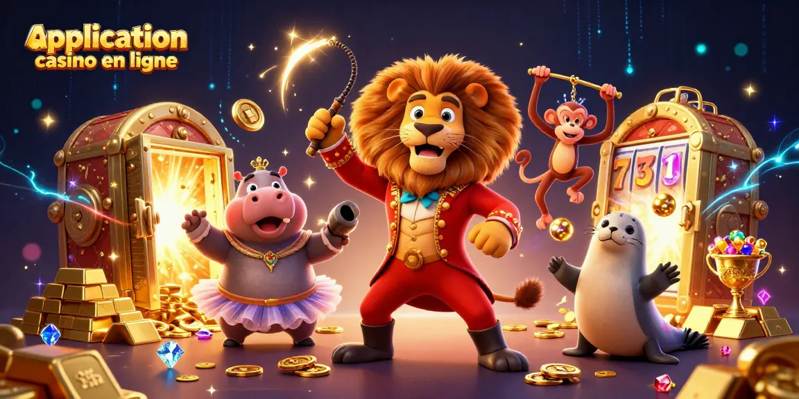 Animation d'application casino en ligne avec un lion, un hippopotame, un singe et une scène aux trésors scintillants.