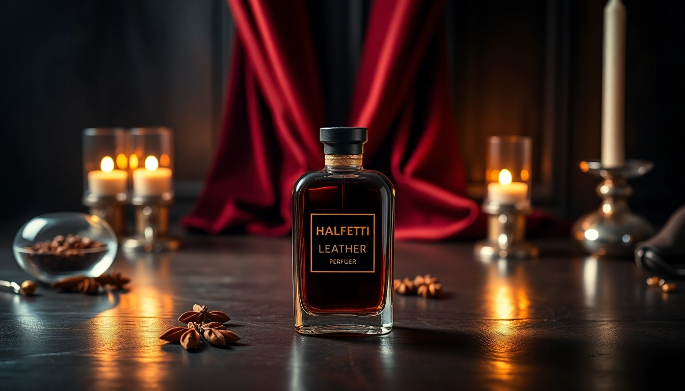 Discover the allure of Halfeti Leather fragrance elegantly presented with rich textures.