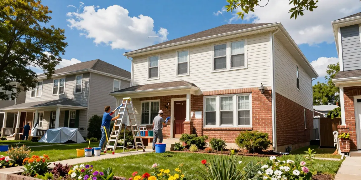 Exterior house painters Des Moines revitalizing a home with fresh paint, showcasing craftsmanship in a vibrant neighborhood.