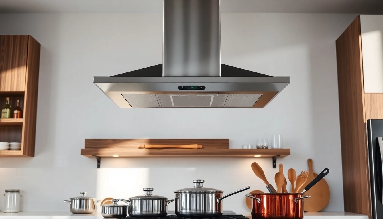 Showcase exhaust hood installation in a modern kitchen setting with sleek design features.