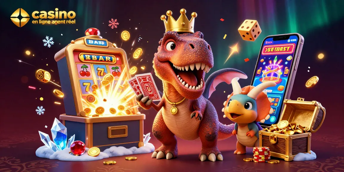 Illustration captivante de jeu de casino en ligne argent réel avec un T-Rex amis et des éléments excitants.