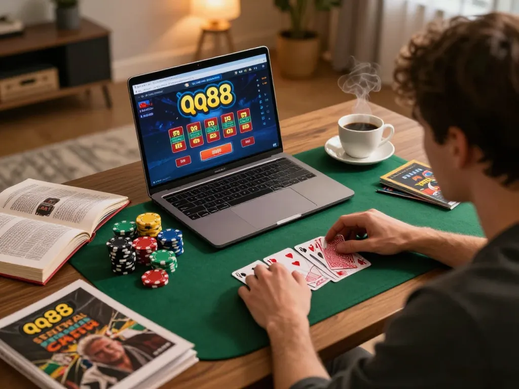 Player engaged in qq88 online gaming with focused strategy at home.