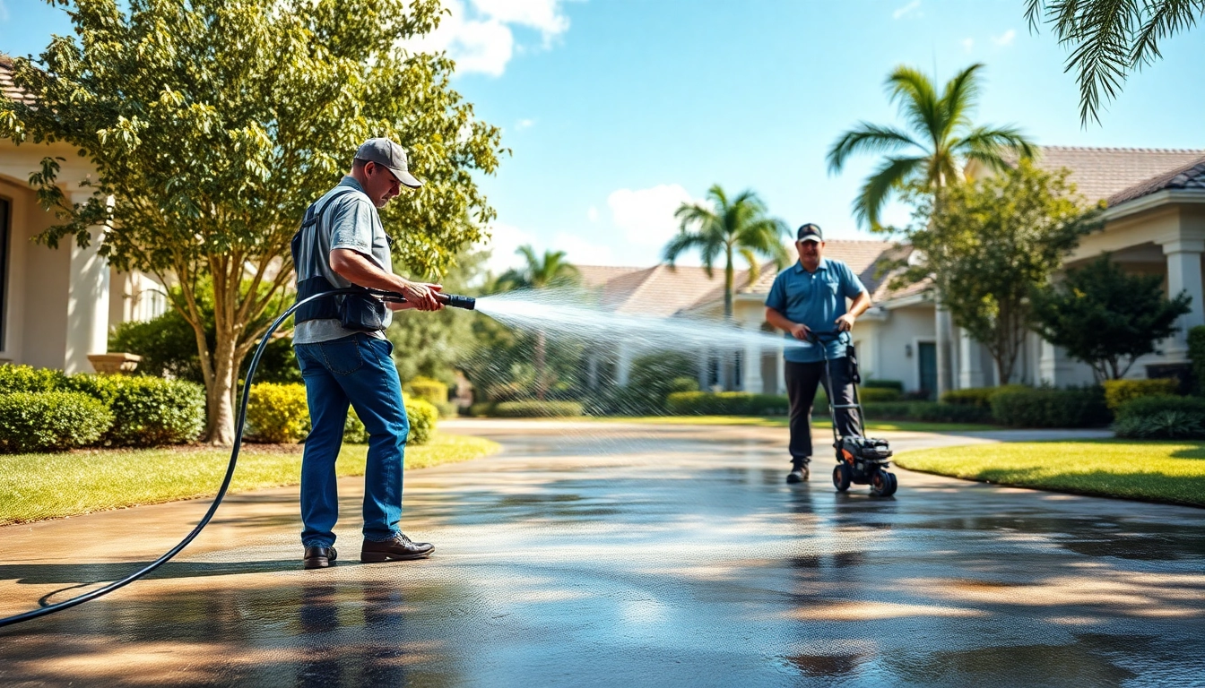 Professional team performing a pressure wash service on a driveway in Kissimmee, Florida.