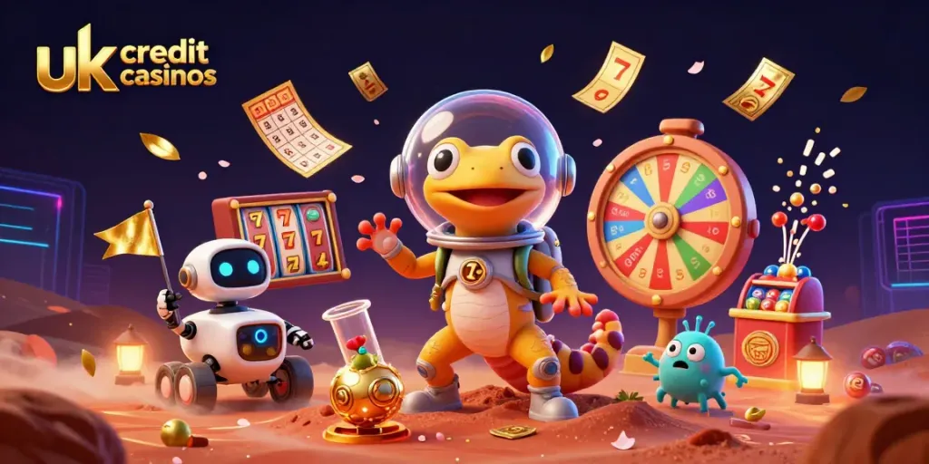 Experience thrilling gameplay with uk credit card casinos featuring vibrant slot reels and a dynamic casino scene.