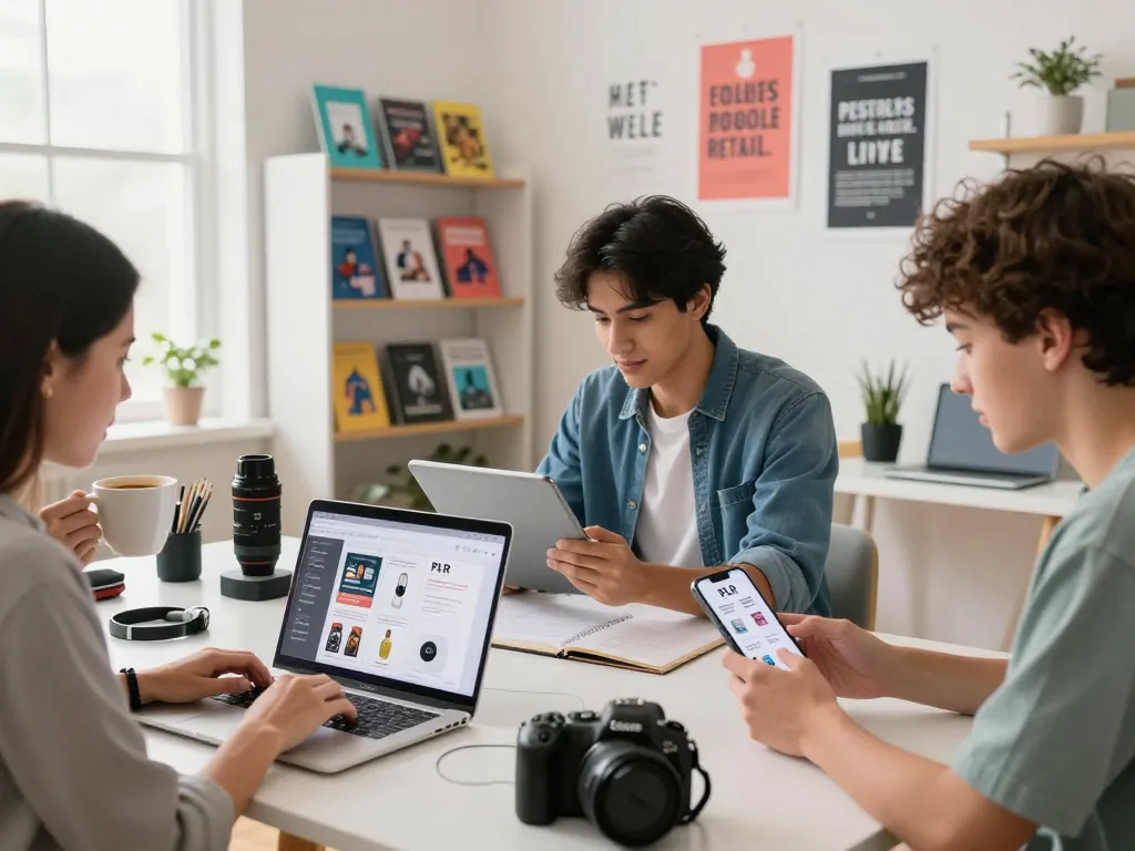Buy PLR Digital Products in a stylish home office filled with diverse shoppers engaged in digital commerce.